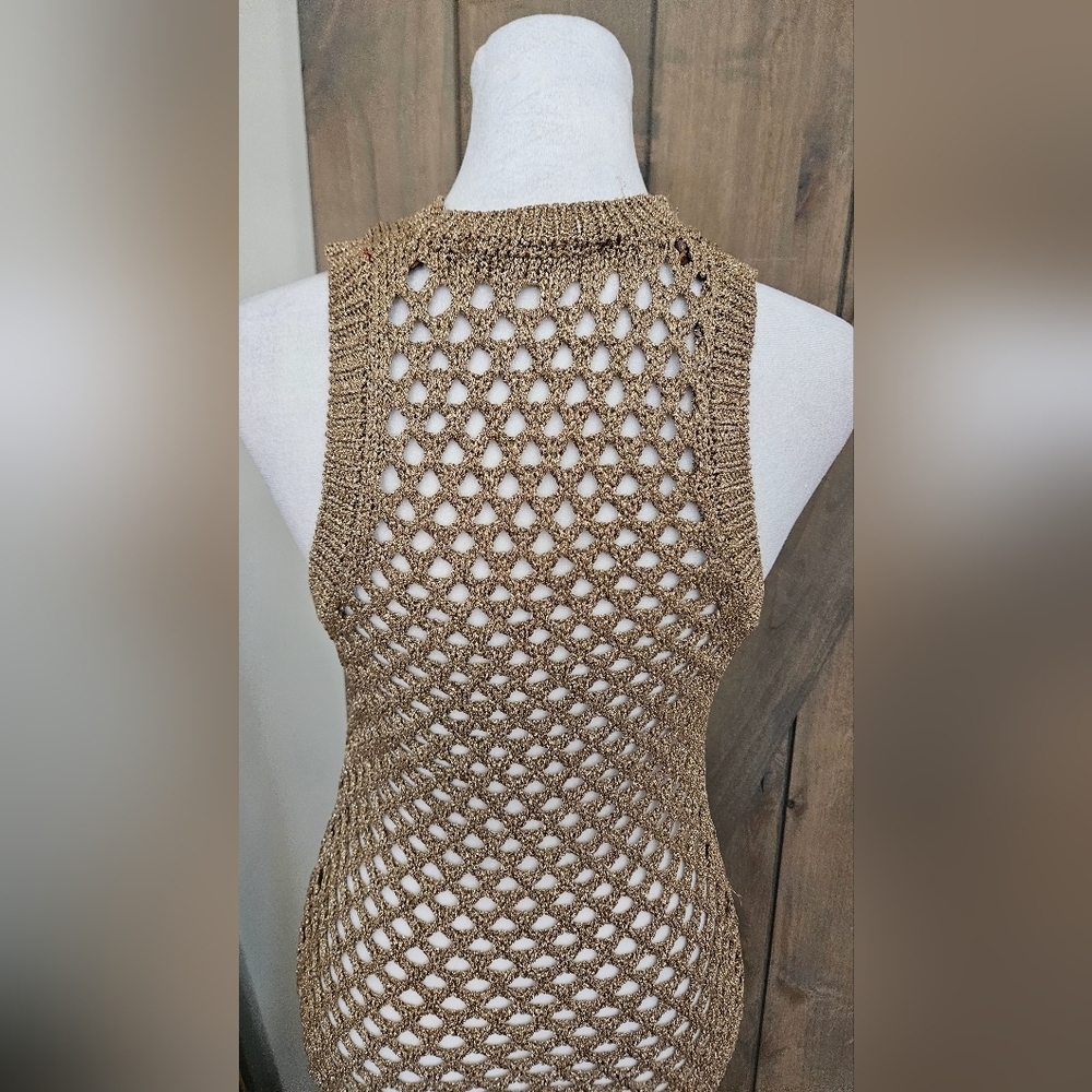 Zara Metallic Crochet Fishnet Midi Dress Gold Open Knit Cover Up Size Small - Picture 13 of 16